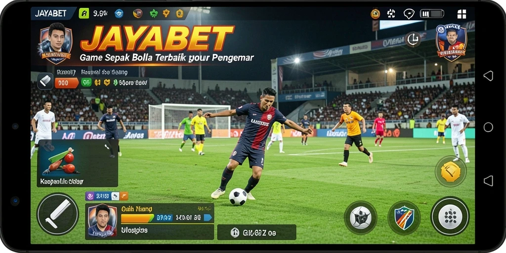 Screenshot gameplay JAYABET menunjukkan aksi sepak bola yang mendebarkan.