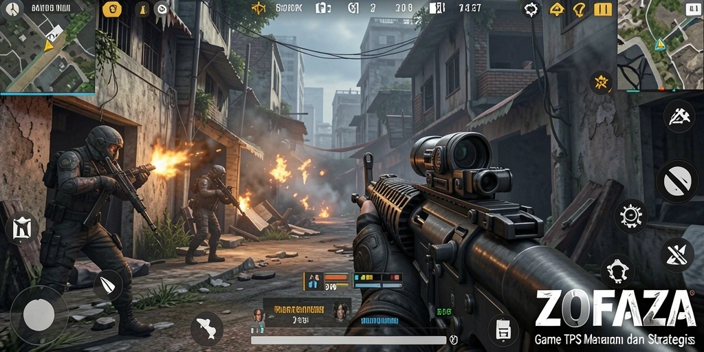 Tampilan gameplay seru dalam ZOFAZA menunjukkan aksi tembak-menembak yang mendebarkan.